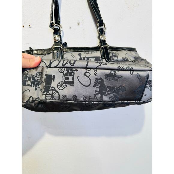 COACH Grey Black Stage Coach Horse Printed Fabric Y2K Leather Tote Handbag - Picture 9 of 15